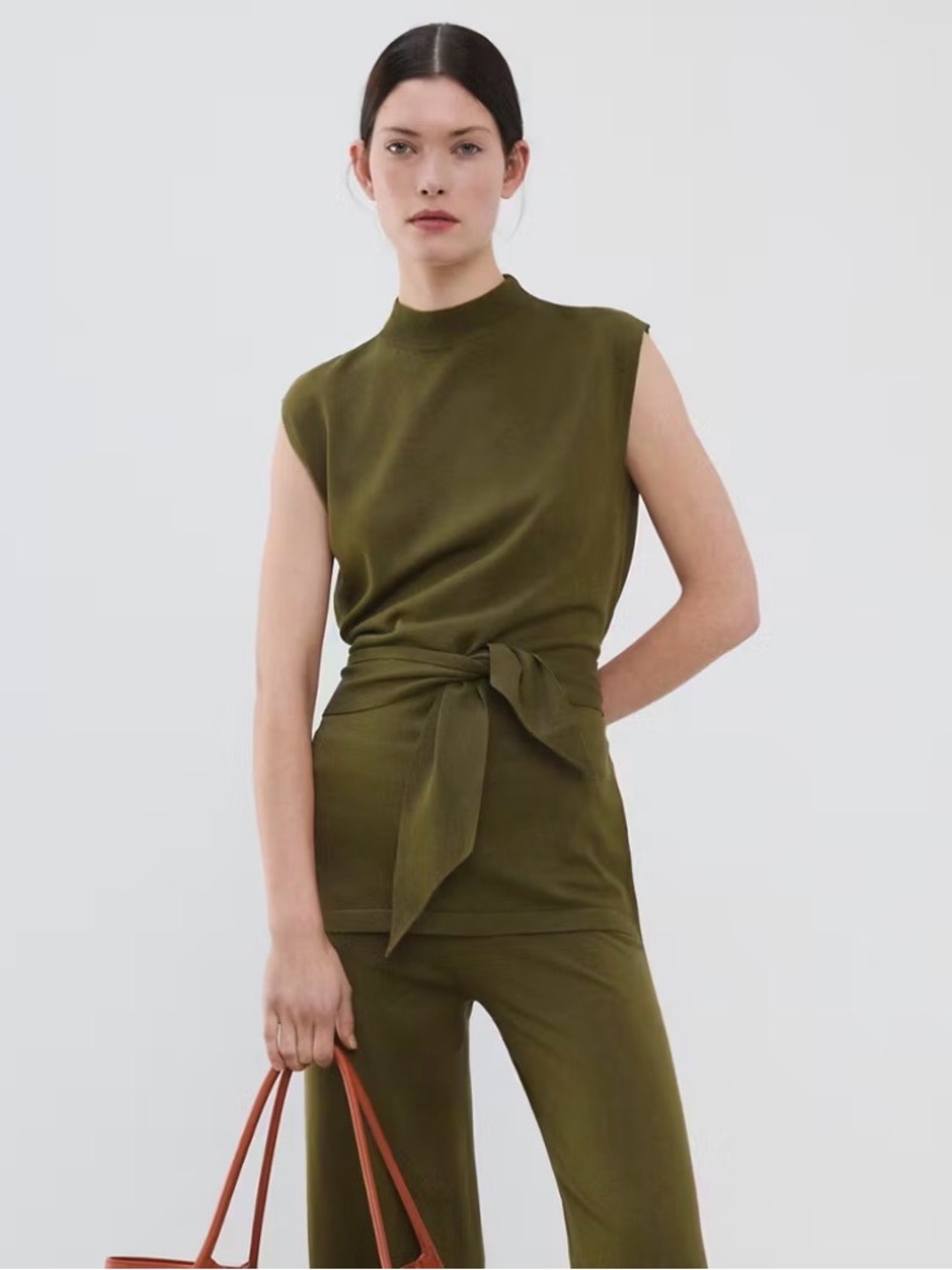 Mango Olive Tie Waist Sleeveless Mock Neck Knit Top Size S NWT